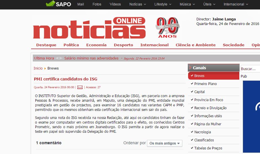 Certificação PMI do ISG no Jornal de Notícias